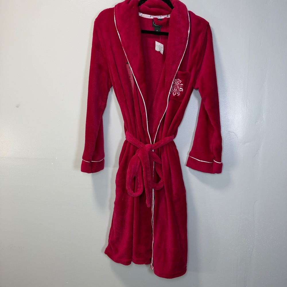 Laura Ashley Vintage Plush Robe Mulberry Pink White Trim Medium NWT